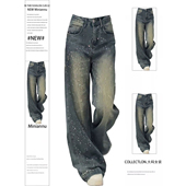 300斤大码 子 女胖mm宽松慵懒风显瘦阔腿长裤 女装 设计感烫钻牛仔裤