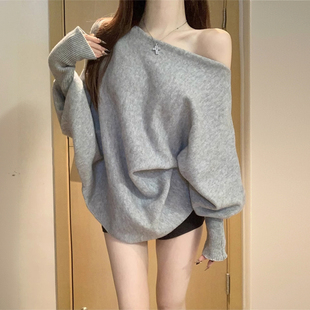 宽松休闲风斜肩上衣 t恤女秋季 特大码 胖mm灰色遮肉显瘦慵懒风长袖