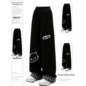 女装 美式 穿搭黑色休闲裤 300斤大码 女胖mm复古卡通印花阔腿长裤 子