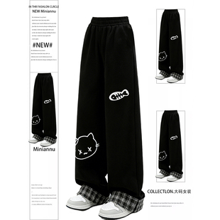 女胖mm复古卡通印花阔腿长裤 300斤大码 穿搭黑色休闲裤 美式 子 女装