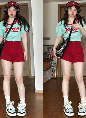 特大码女装高街vibe辣妹红色牛仔短裤女胖mm梨型显瘦遮肉a字热裤