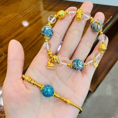 六福珠宝代购 足金小鹿非遗大漆珠黄金水晶手链手串 新款专柜正品