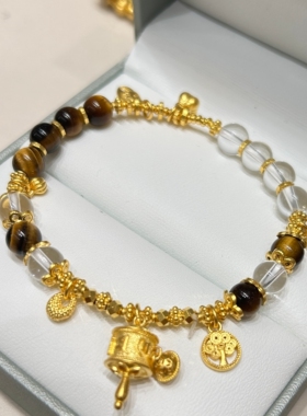 TSL谢瑞麟代购 足金999古法转轮经黄金水晶手链手串女 专柜正品