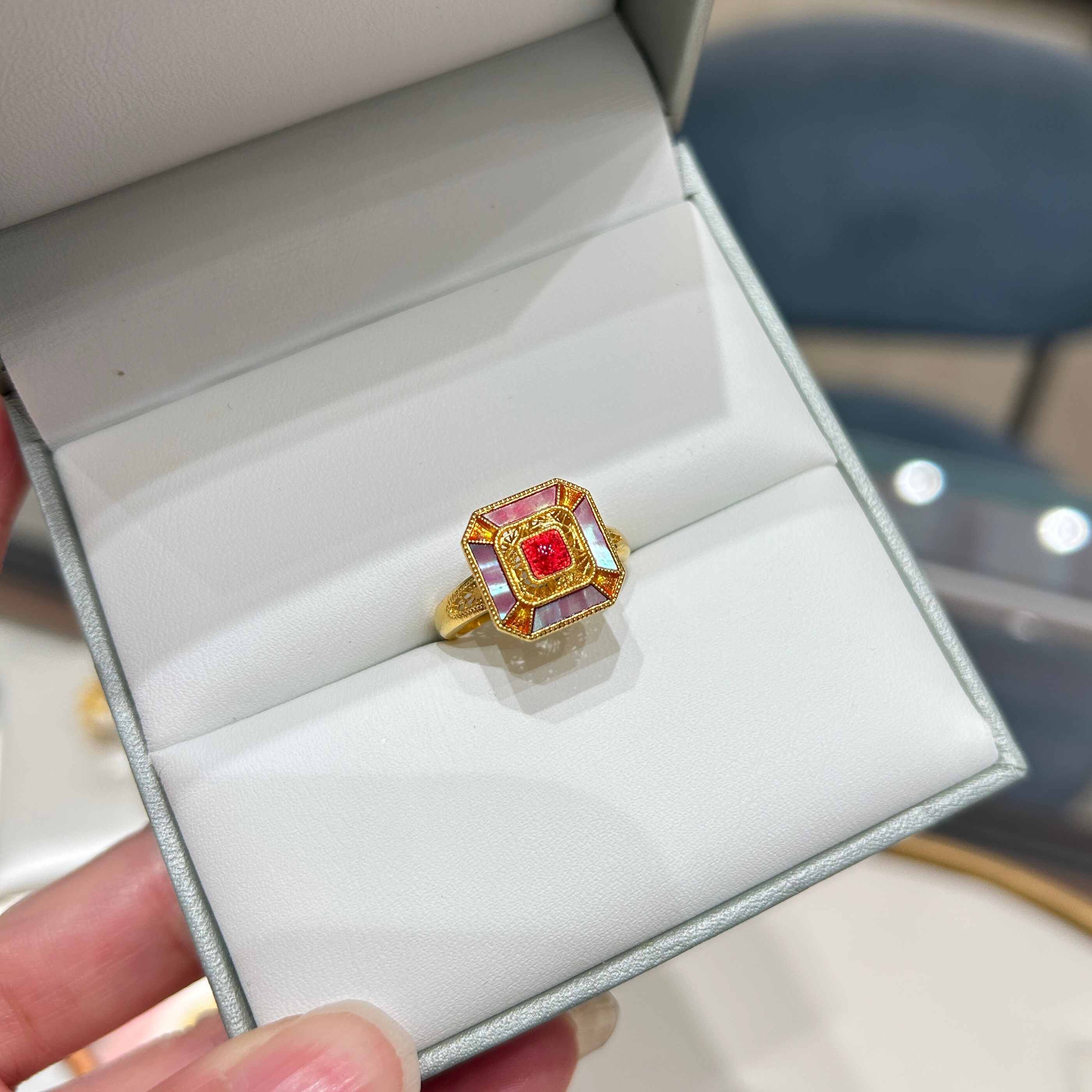 TSL谢瑞麟代购 足金999国风国潮方形黄金贝壳戒指女 开口专柜正品