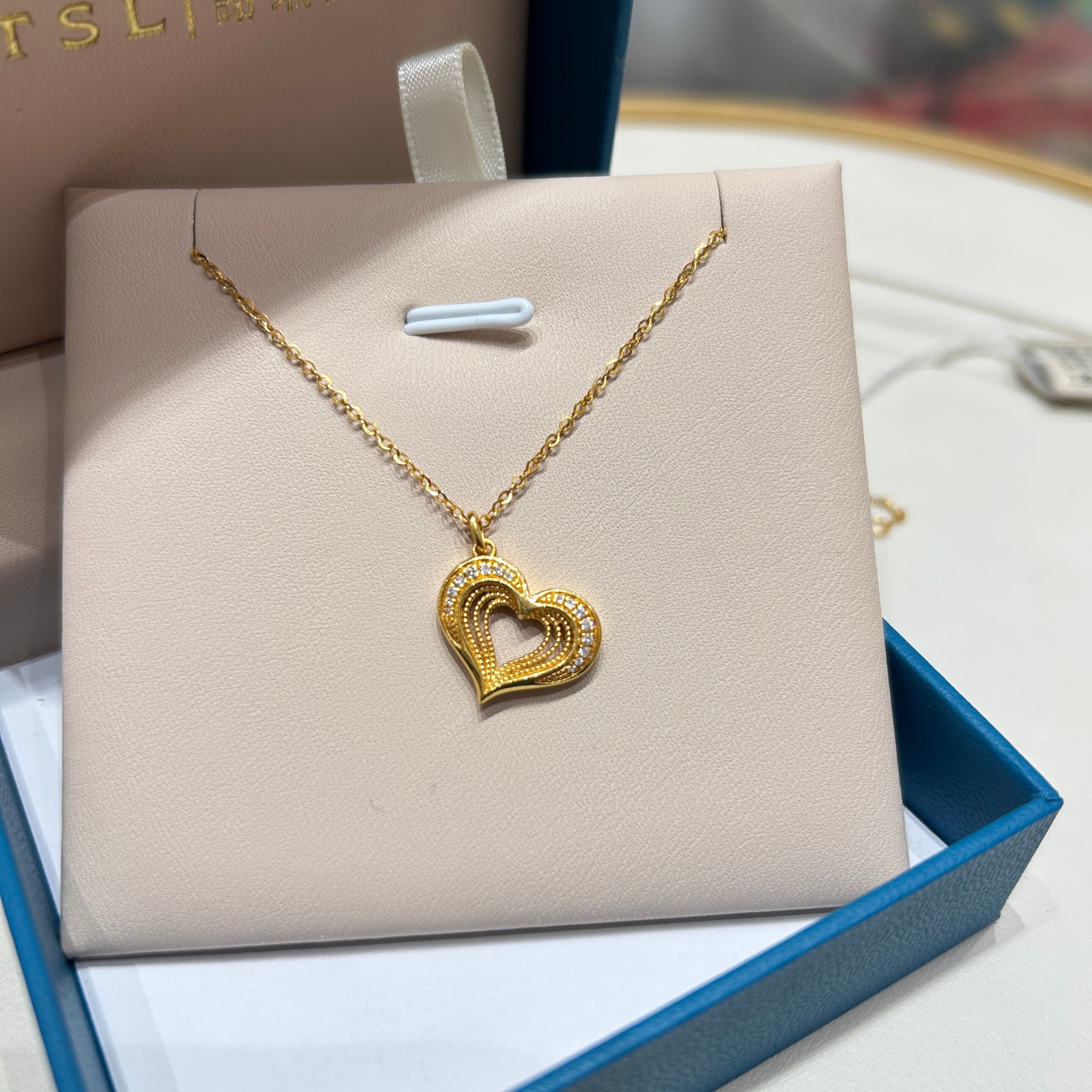 TSL谢瑞麟代购 足金999爱心桃心黄金钻石项链套链女 镶钻专柜正品