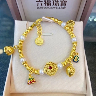 六福珠宝手链代购 福满传家系列莲蓬足金黄金珍珠手串 专柜正品