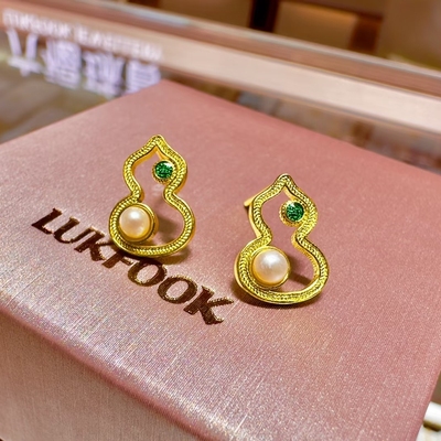 六福珠宝代购 福满传家足金珍珠葫芦鎏彩黄金耳饰 新款专柜正品