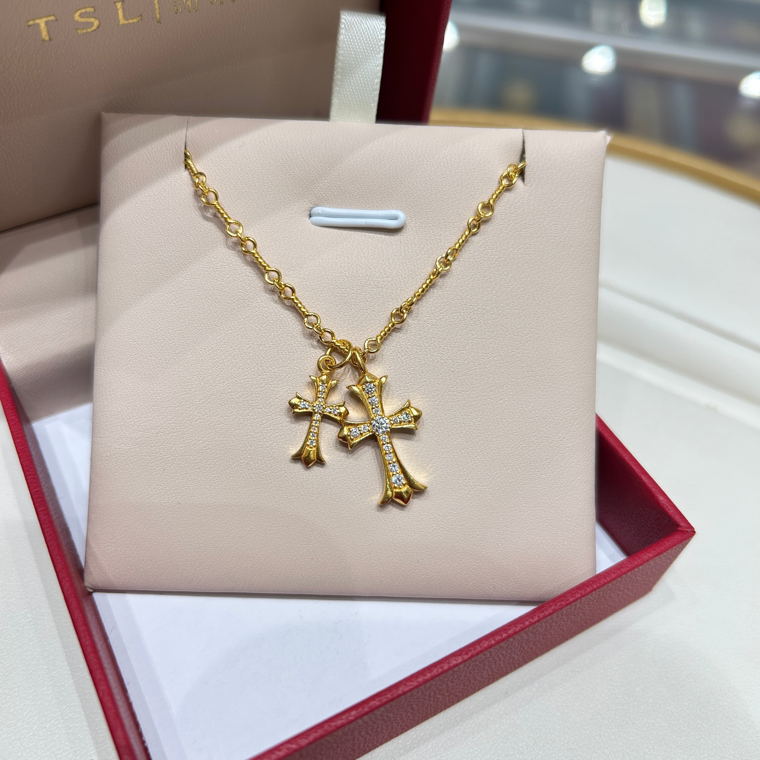 TSL谢瑞麟代购 足金999双十字架黄金钻石项链 镶钻专柜正品克减