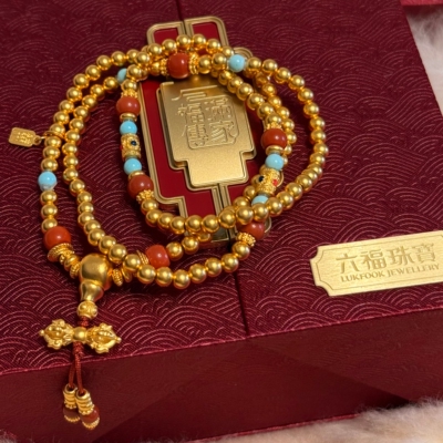 六福珠宝代购 足金999金刚杵金珠黄金玉髓两戴项链 新款专柜正品