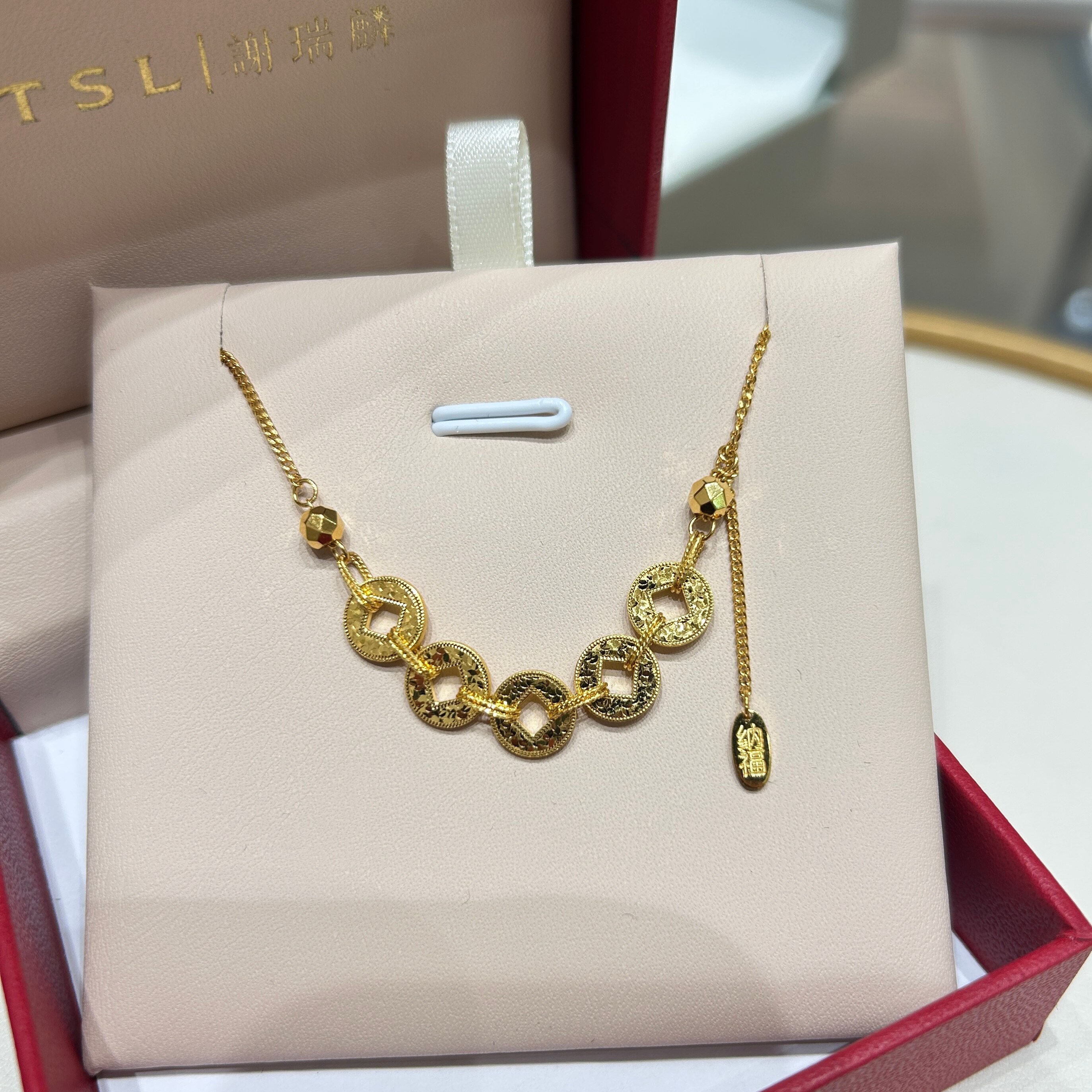 TSL谢瑞麟代购 足金999碎金钱币黄金项链套链女 招财进宝流苏正品