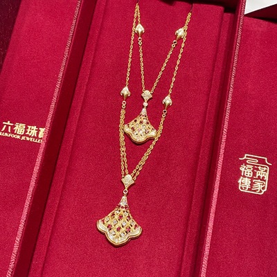 六福珠宝代购 唐韵花颜黄金扇形足金镶钻红宝石项链 新款专柜正品