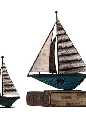 北欧铁艺帆船摆件办公室办公桌旧客厅电视柜家居装饰品乡村做书架