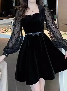 French square neck black velvet dress 法式方领黑色丝绒连衣裙