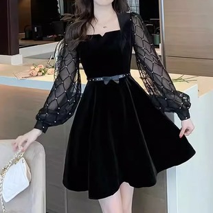 French square neck black velvet dress 法式方领黑色丝绒连衣裙