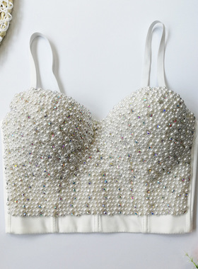 Pearl-nailed spice girl strapless blouse珍珠钉珠辣妹抹胸上衣