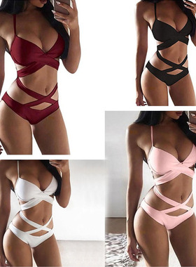 Solid color wrap-up sexy swimsuit纯色聚拢绷带式性感泳装女士