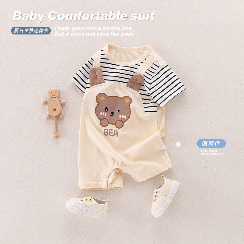 全棉纯棉婴儿连体衣夏装纯棉短袖超萌男宝宝卡通爬服夏季新生哈衣