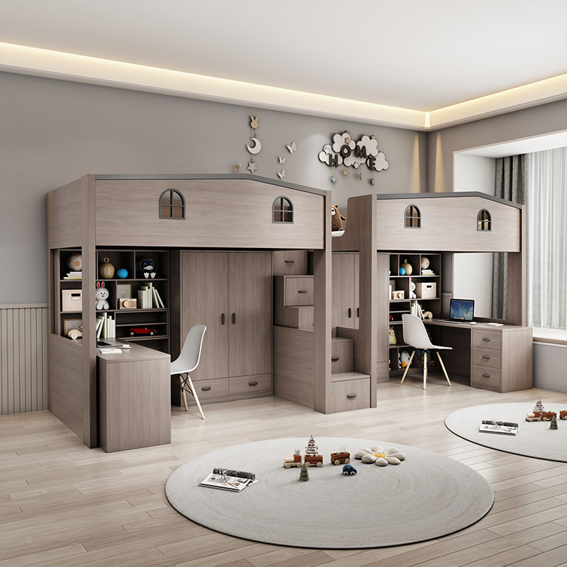 上床下桌儿童床书桌衣柜一体高架床多功能上床下柜成人上下铺组合