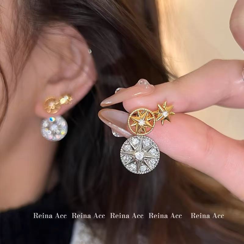 法式圆形八芒星耳环双面气质锆石超闪水钻耳钉2024新款耳饰高级