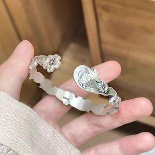 925银复古狐狸桃花手镯女新中式 开口描金狐狸戒指仙古风中国风
