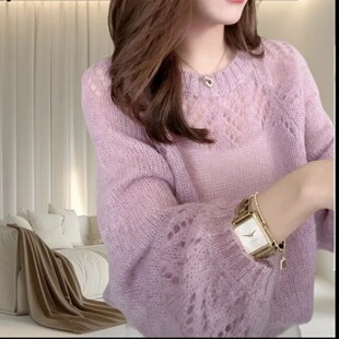 上衣女装 毛针织衫 早秋长袖 温柔气质镂空粉色毛衣2025年秋冬新款
