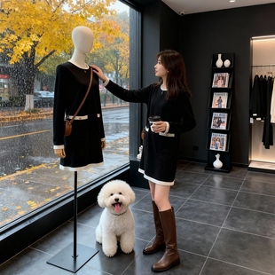 韩国气质千金风复古针织毛衣连衣裙女秋冬小个子中长款宽松遮肚子