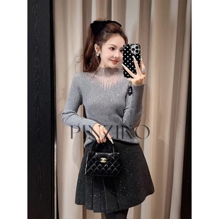 欧根纱微透烫钻半高领针织衫女士秋冬洋气别致修身显瘦百搭打底衫