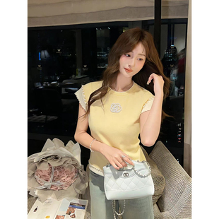 张心子山茶栀意法式甜美多巴胺撞色小飞袖针织衫女夏新款上衣