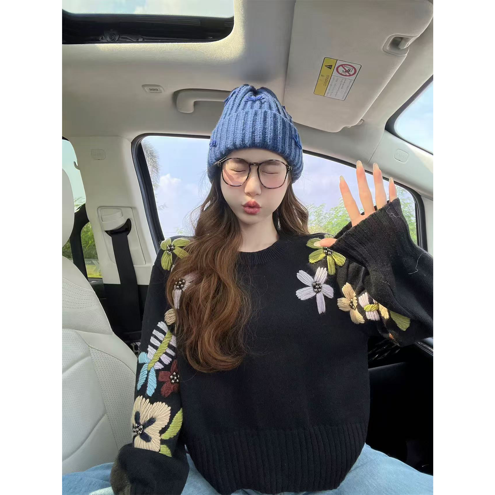 ONETWO 黑色花卉宽松慵懒松弛感亲肤休闲舒适长袖外穿毛衣女秋冬