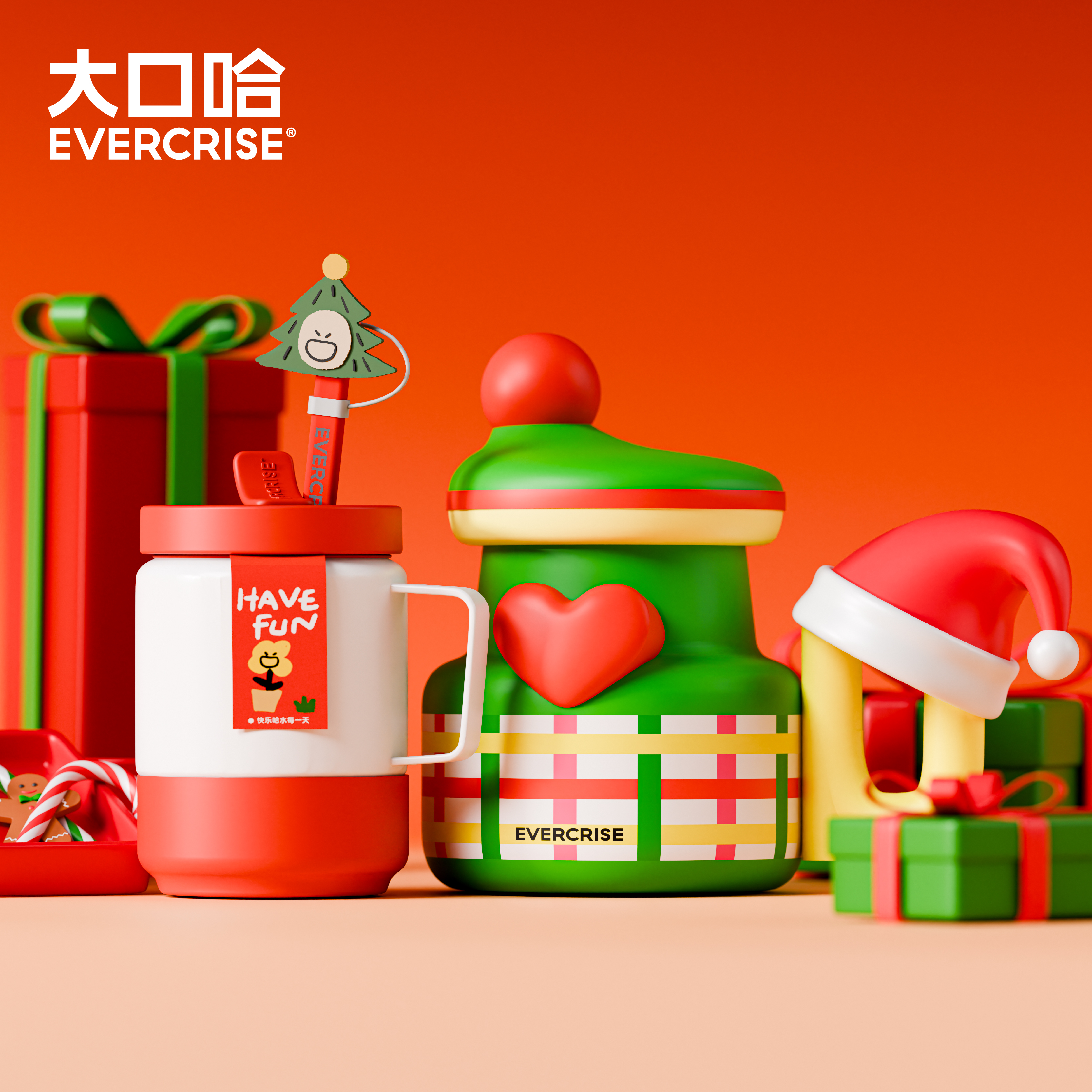 evercrise大口哈圣诞款大容量保温杯吸管杯咖啡杯杯子泡茶水杯女