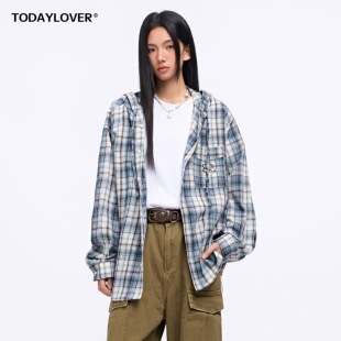 TODAYLOVER小狗刺绣格纹衬衫女春季美式复古慵懒风休闲连帽衬衣潮