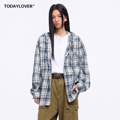 TODAYLOVER小狗连帽格纹长袖衬衫