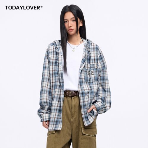 TODAYLOVER小狗连帽格纹长袖衬衫