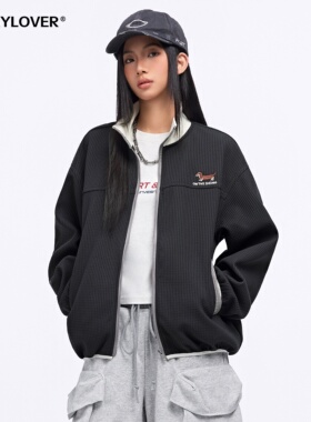 TODAYLOVER华夫格撞色卫衣女春季美式潮牌腊肠狗刺绣立领开衫外套