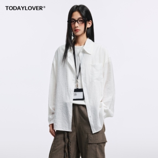 TODAYLOVER纯色褶皱翻领长袖衬衫女春季美式复古休闲内搭通勤衬衣