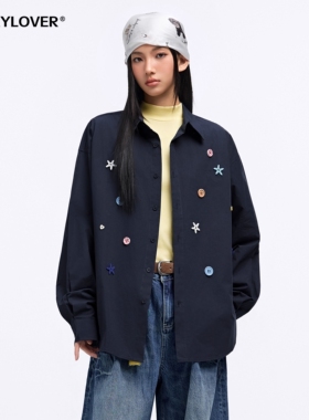 TODAYLOVER美式海星彩色钮扣长袖衬衣女春季宽松慵懒纯棉衬衣外套