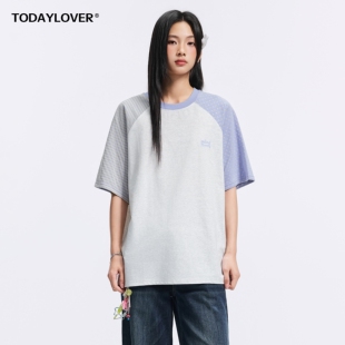 TODAYLOVER索罗娜插肩袖T恤女夏季美式凉感速干撞色条纹短袖上衣