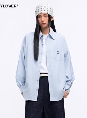 TODAYLOVER美式潮牌笑脸刺绣条纹长袖衬衫女春季复古休闲衬衣外套