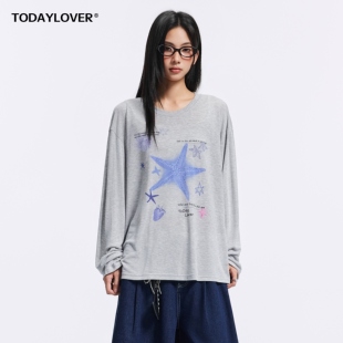 TODAYLOVER莱赛尔天丝圆领长袖T恤女夏季美式vibe海星印花罩衫潮
