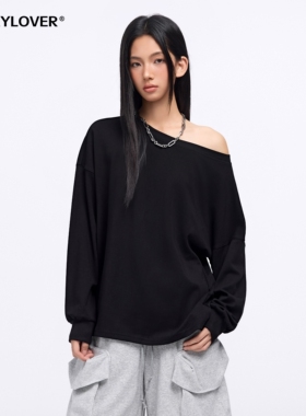 TODAYLOVER纯色斜肩长袖T恤春季美式宽松显瘦休闲百搭露肩上衣潮