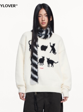 TODAYLOVER毛衣女冬季小猫提花潮牌圆领宽松慵懒风套头百搭针织衫