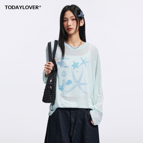 TODAYLOVER莱赛尔天丝长袖T恤女夏季美式复古情侣海星印花罩衫潮