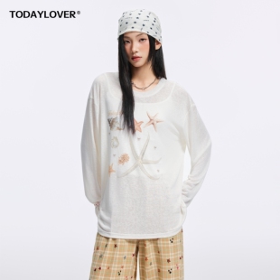 TODAYLOVER莱赛尔天丝圆领T恤女夏季罩衫ins情侣海星印花长袖体恤