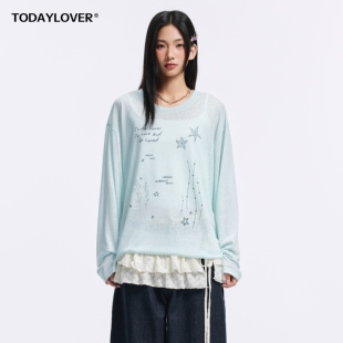 TODAYLOVER莱赛尔天丝圆领长袖T恤女夏季美式复古海星印花罩衫潮
