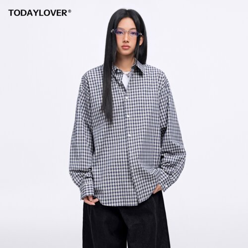 TODAYLOVER肌理感格纹翻领衬衫女