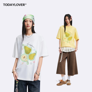 TODAYLOVER撞色水果印花圆领短袖T恤女夏季美式潮牌休闲宽松上衣