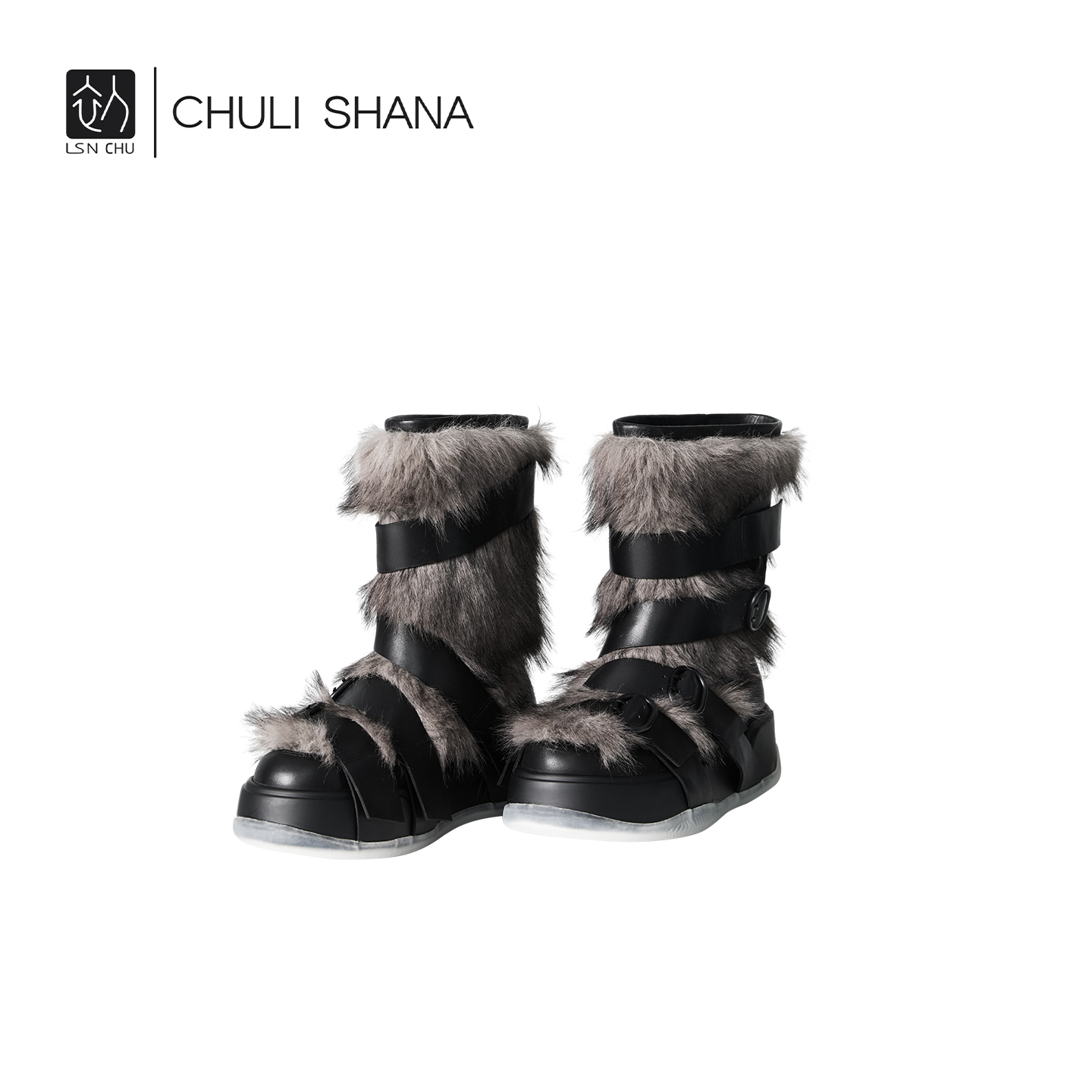 CHULISHANA毛毛中筒圆头短靴