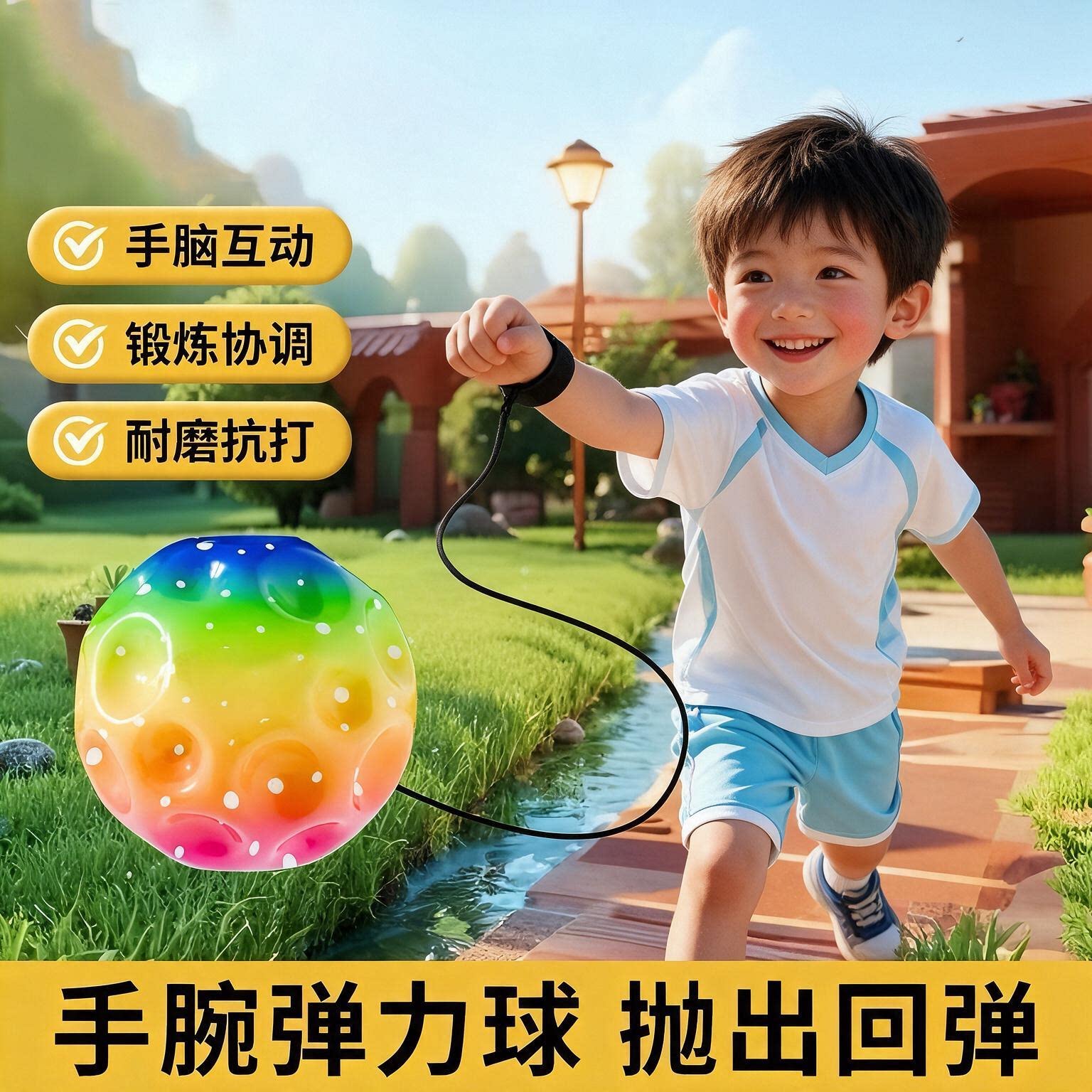 儿童带绳蹦蹦球手腕弹力球网红腕力球公园户外运动弹弹球男孩玩具