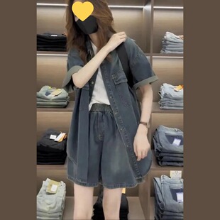 梨形身材穿搭大码女装2025年牛仔外套短裤宽松显瘦两件套时尚