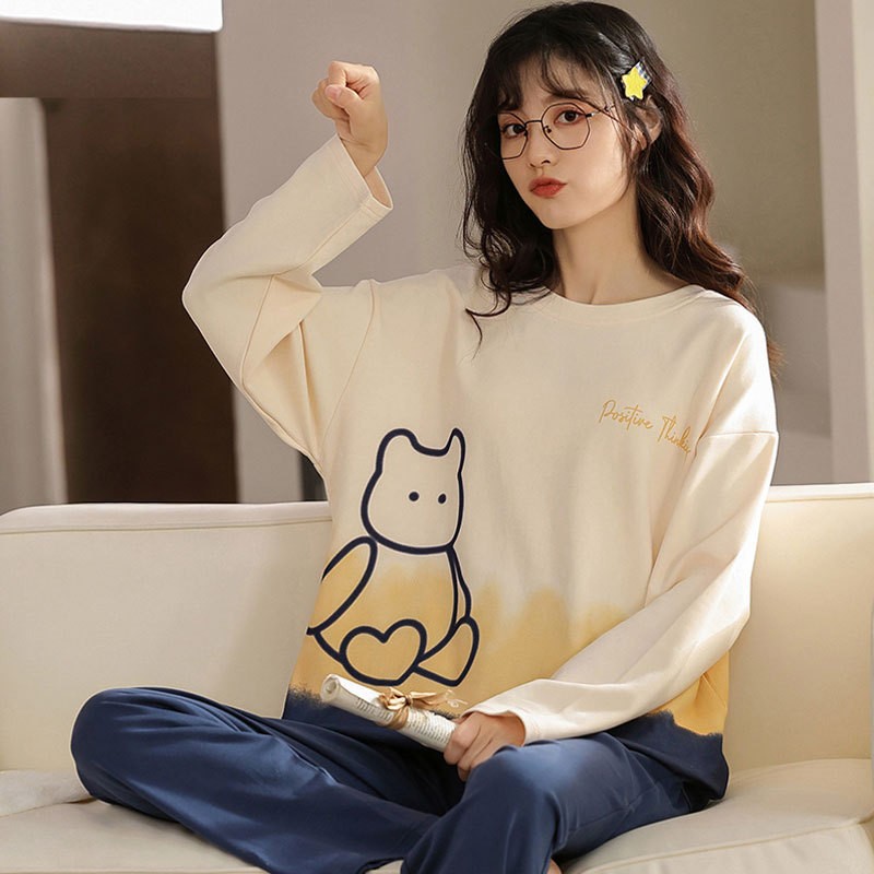 微商秋冬季优质仿棉睡衣女圆领可爱简约风长袖长裤家居服套装